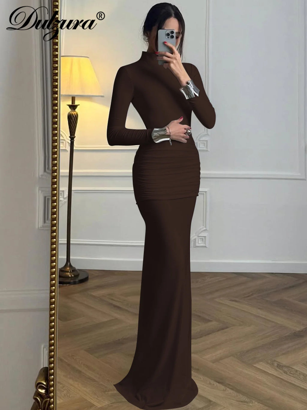 Ruched Backless High-Neck Long-Sleeve Maxi Dress