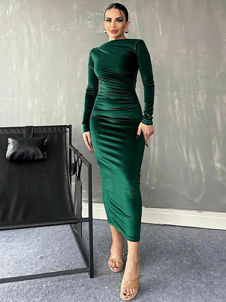 Velvet Ruched Long-Sleeve Maxi Dress