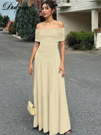 Ruched Pleated Backless Off-Shoulder Maxi Dress
