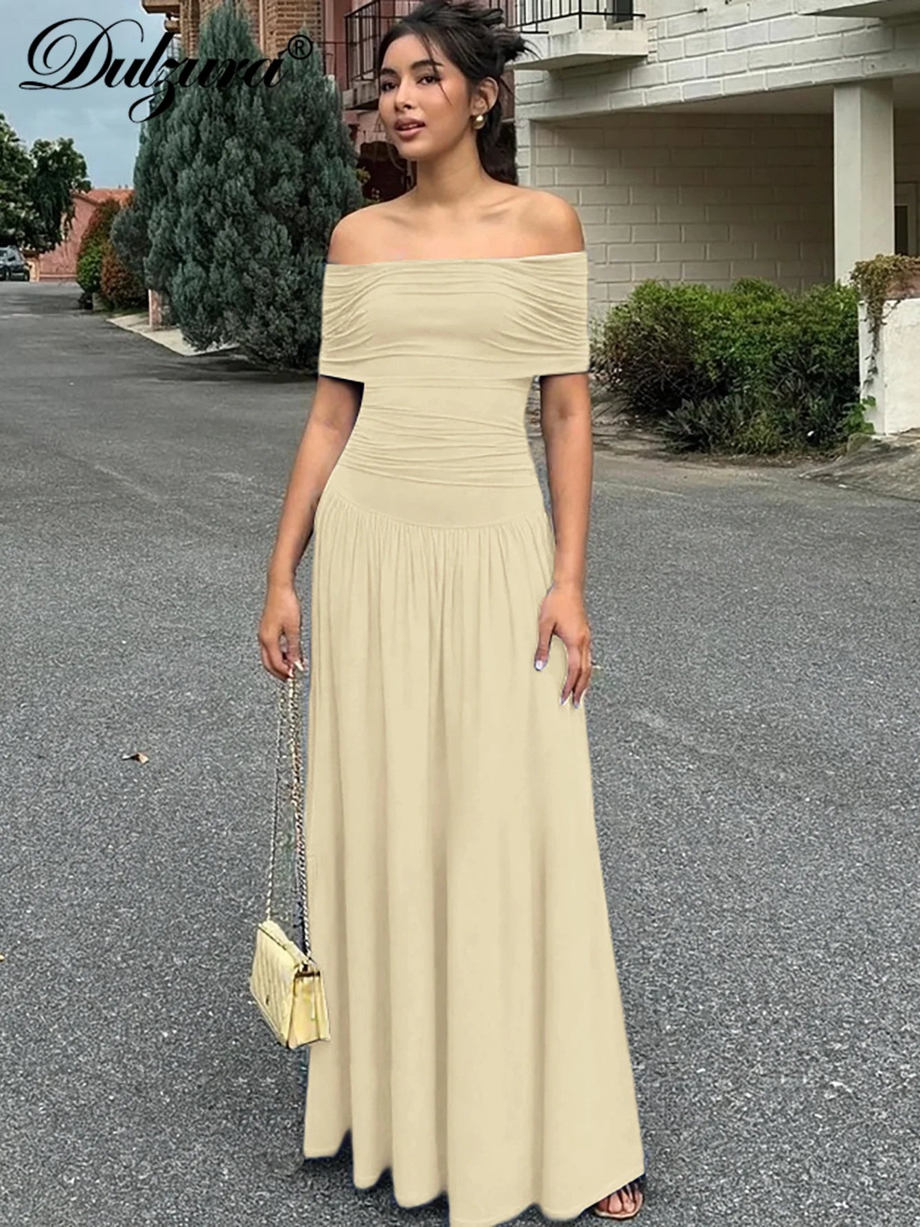 Ruched Pleated Backless Off-Shoulder Maxi Dress