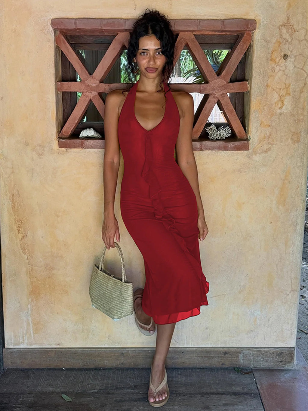 Mesh Backless Halter Sleeveless Midi Dress