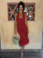 Mesh Backless Halter Sleeveless Midi Dress