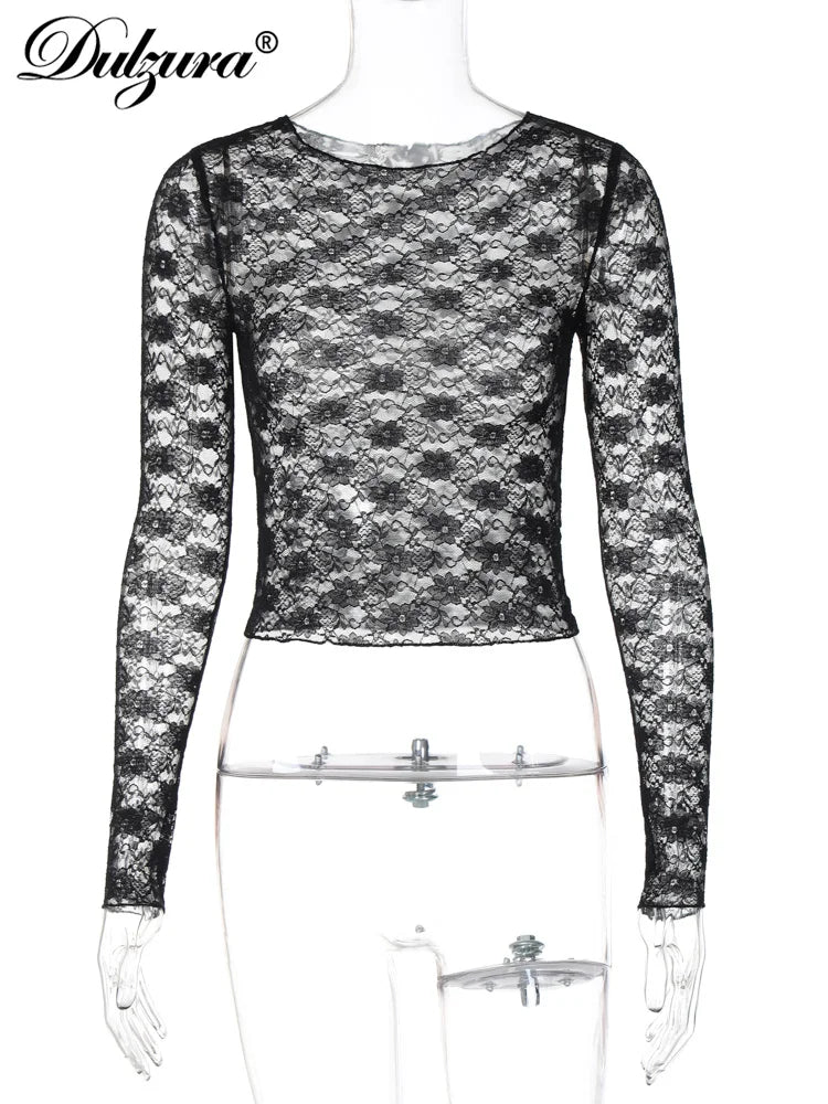 Sheer Lace Long-Sleeve Bodycon T-Shirt