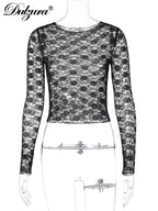 Sheer Lace Long-Sleeve Bodycon T-Shirt