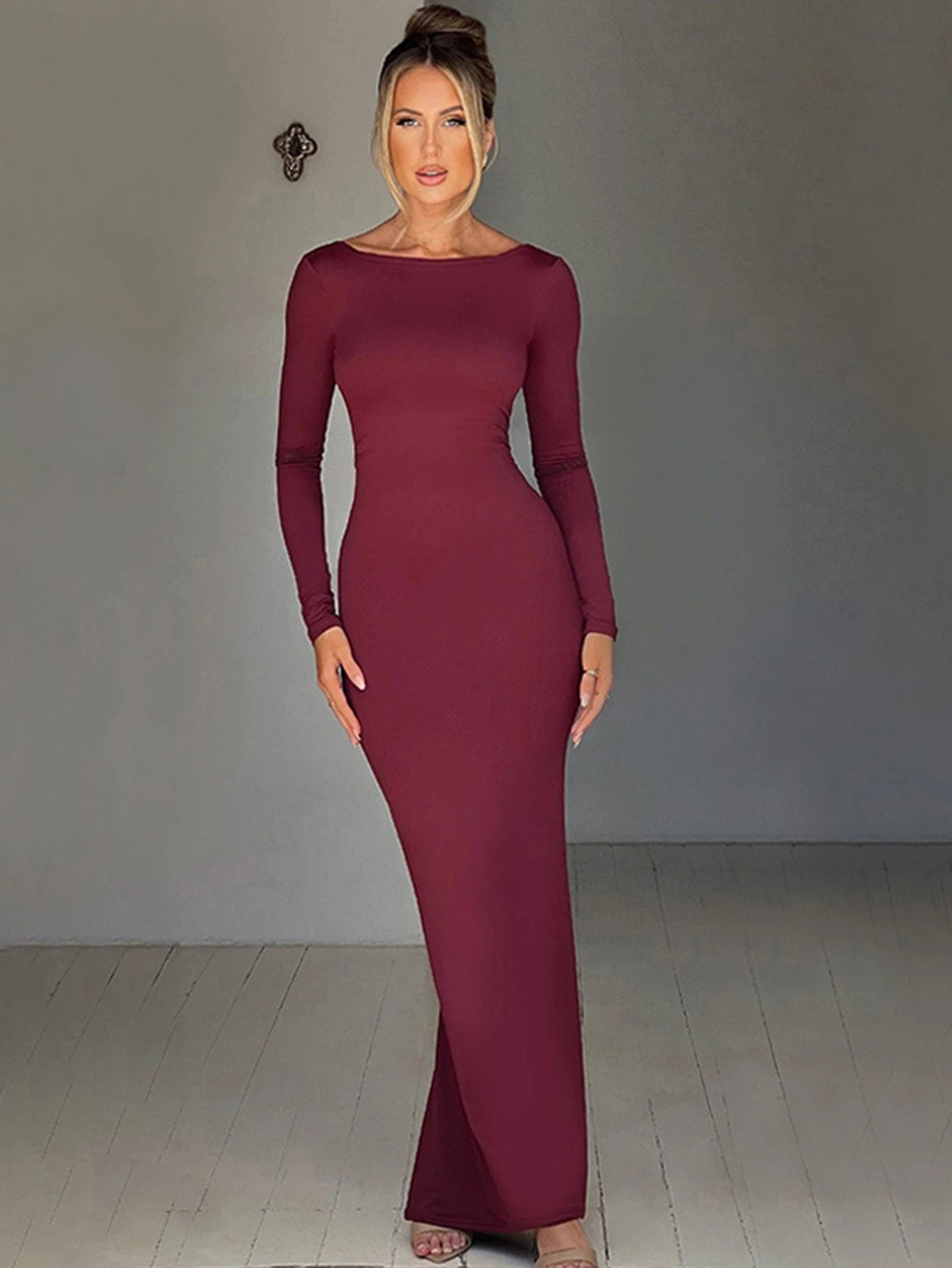 Ruched Backless Long-Sleeve Bodycon Maxi Dress