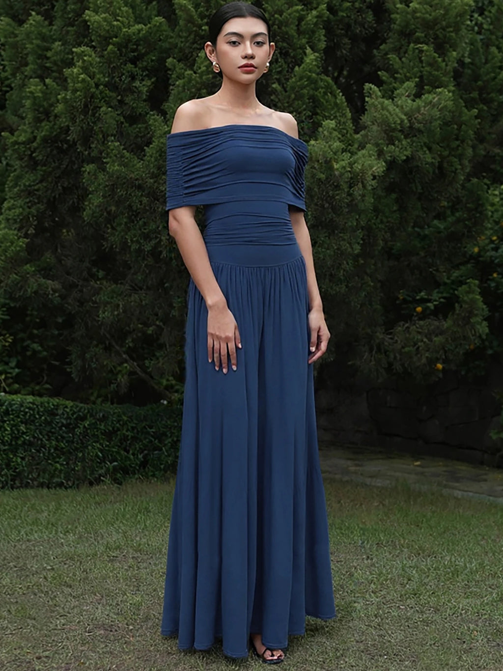 Ruched Pleated Backless Off-Shoulder Maxi Dress