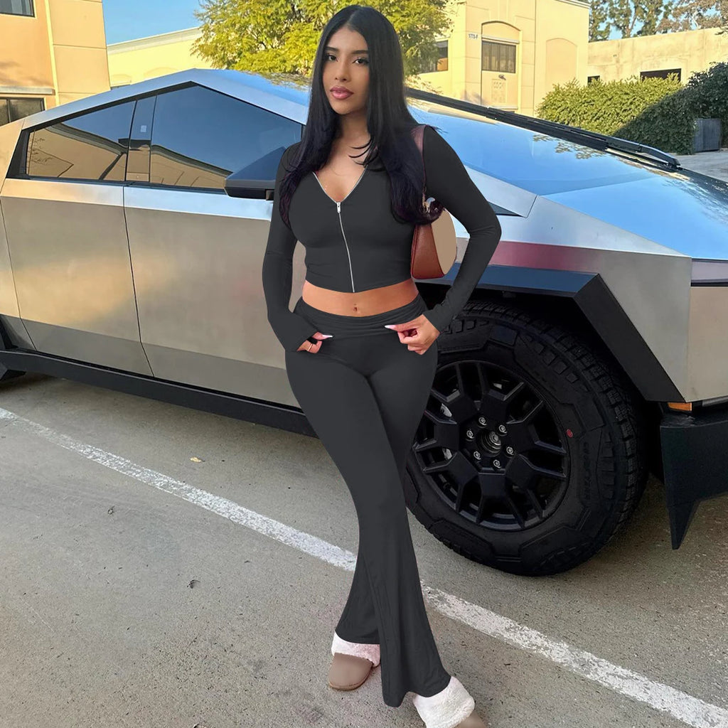 Long-Sleeve Flared Cropped Two-Piece Pants Set