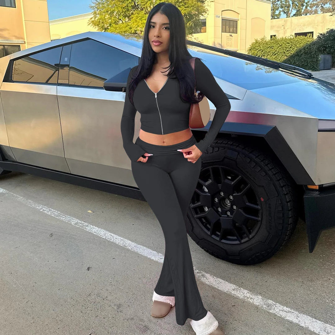 Long-Sleeve Flared Cropped Two-Piece Pants Set