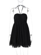 Chiffon Lace-Up Backless Halter Mini Dress