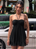 Chiffon Lace-Up Backless Halter Mini Dress