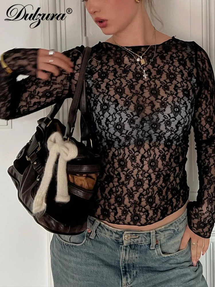 Sheer Lace Long-Sleeve Bodycon T-Shirt