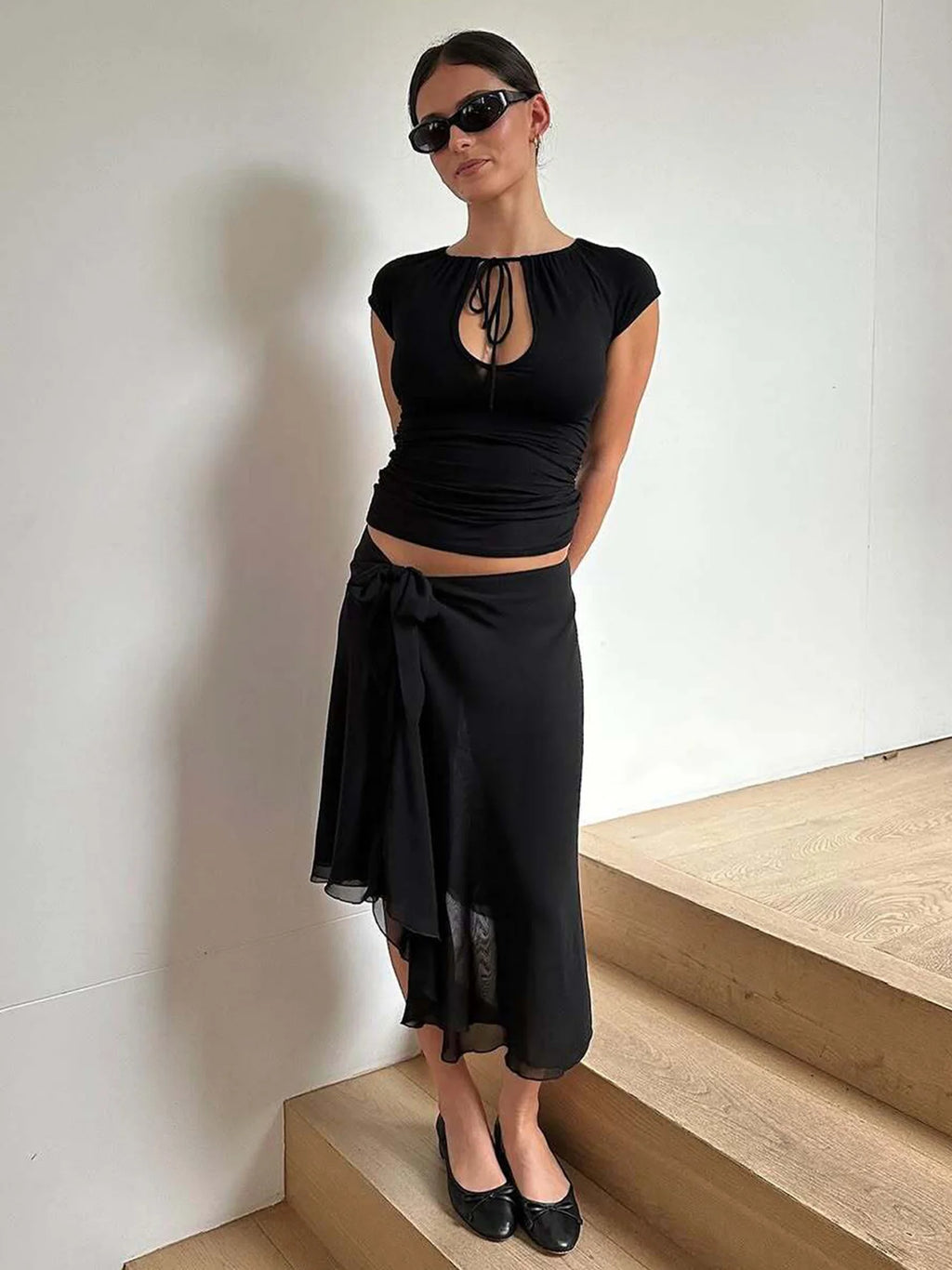Lace-Up Ruched Sleeveless T-Shirt