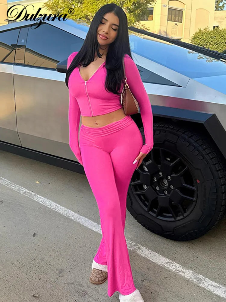Long-Sleeve Flared Cropped Two-Piece Pants Set