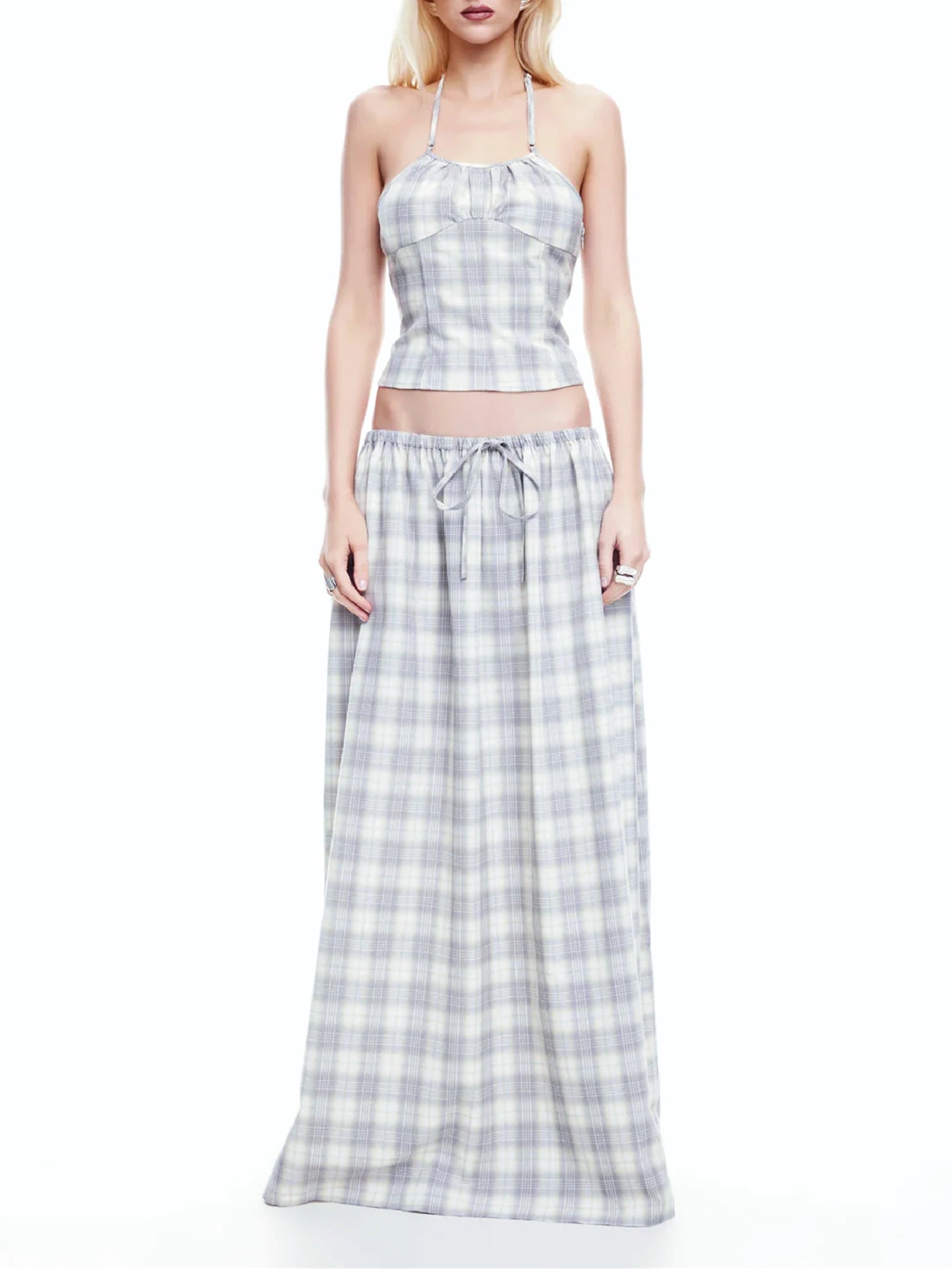 Plaid Lace-Up Backless Halter Two-Piece Set