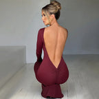 Ruched Backless Long-Sleeve Maxi Dress