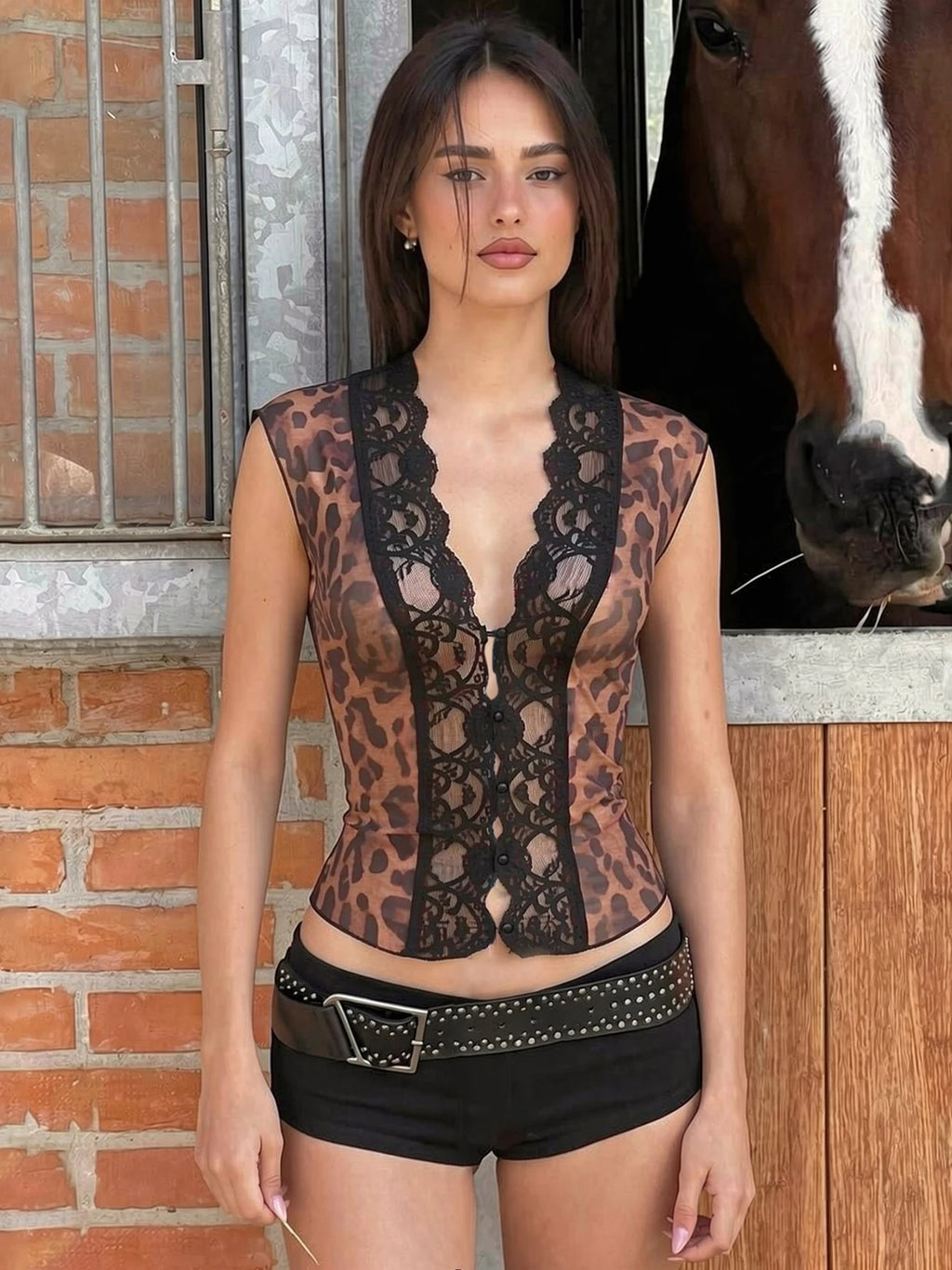 Leopard Mesh Lace Ruffle Top