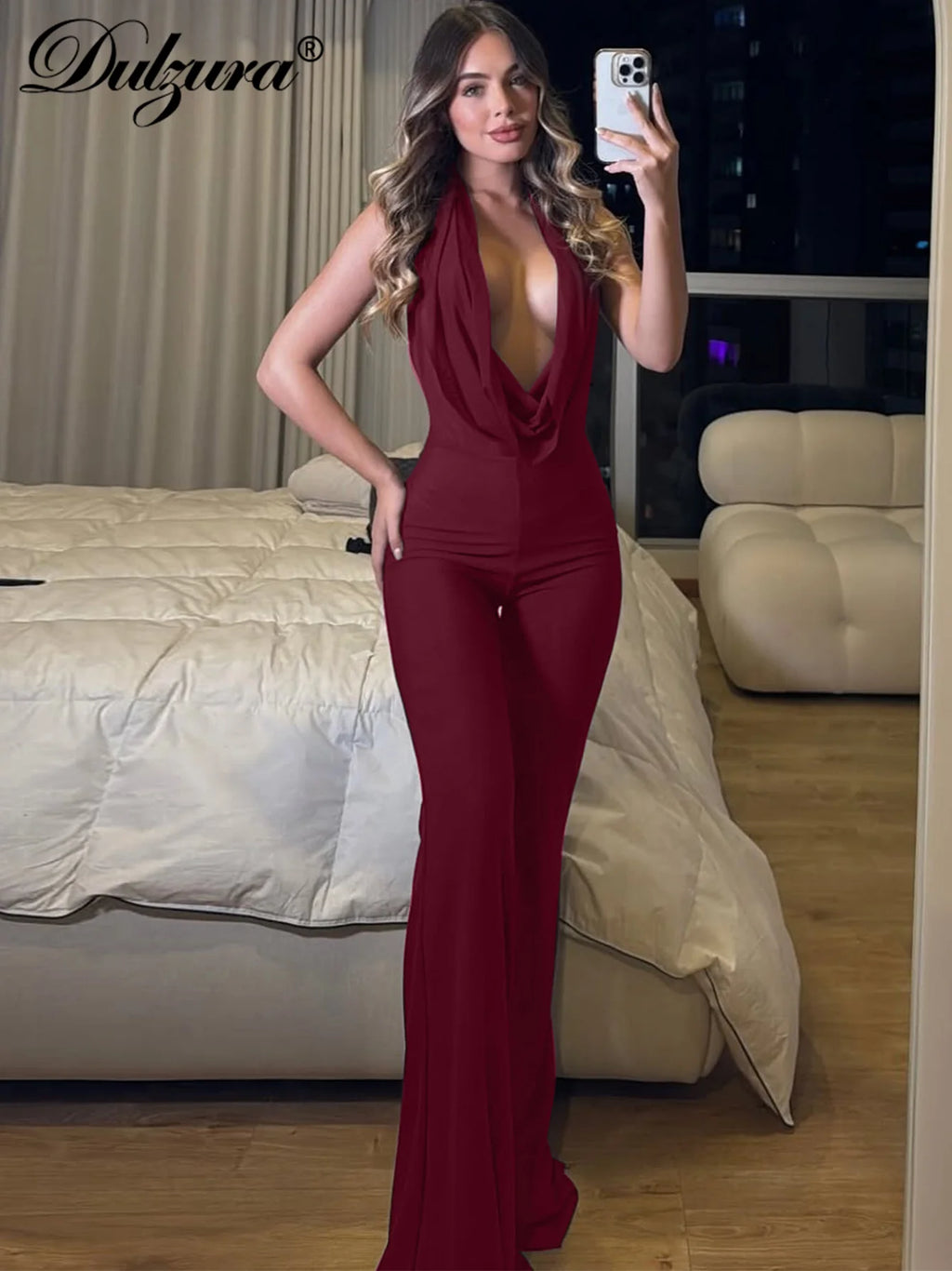 Lace-Up Backless Halter Flared Jumpsuit