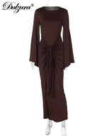 Ruched Tie-Detail Slim-Fit Flared Maxi Dress