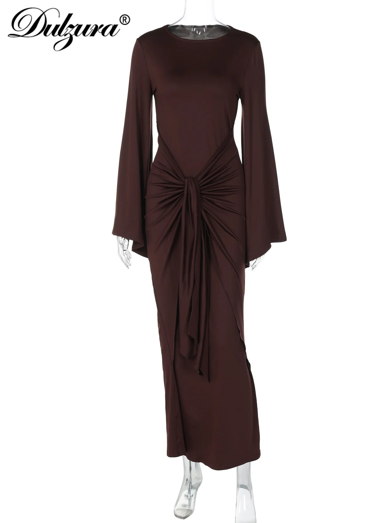 Ruched Tie-Detail Slim-Fit Flared Maxi Dress