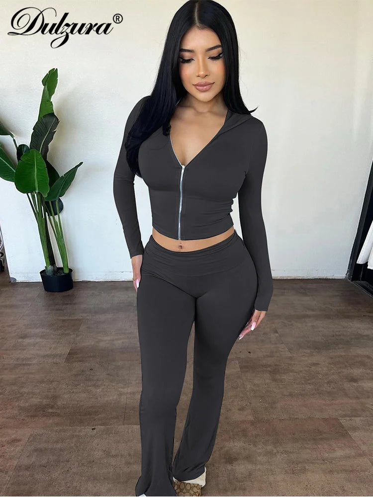 Long-Sleeve Flared Cropped Two-Piece Pants Set