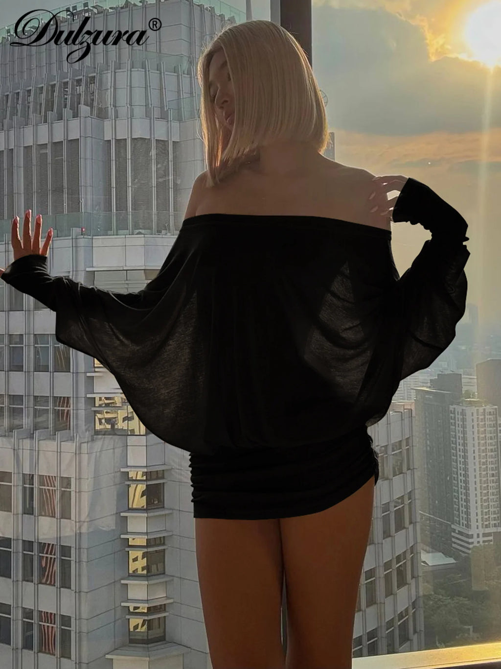 Ruched Off-Shoulder Long-Sleeve Mini Dress