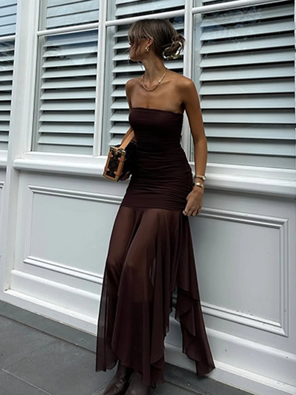 Mesh Sheer Ruched Backless Maxi Dress