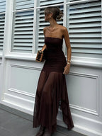 Mesh Sheer Ruched Backless Maxi Dress