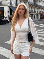 Mesh Pleated V-Neck Sleeveless T-Shirt