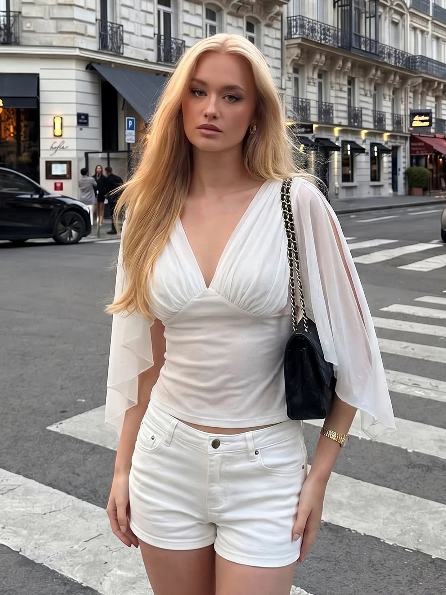 Mesh Pleated V-Neck Sleeveless T-Shirt