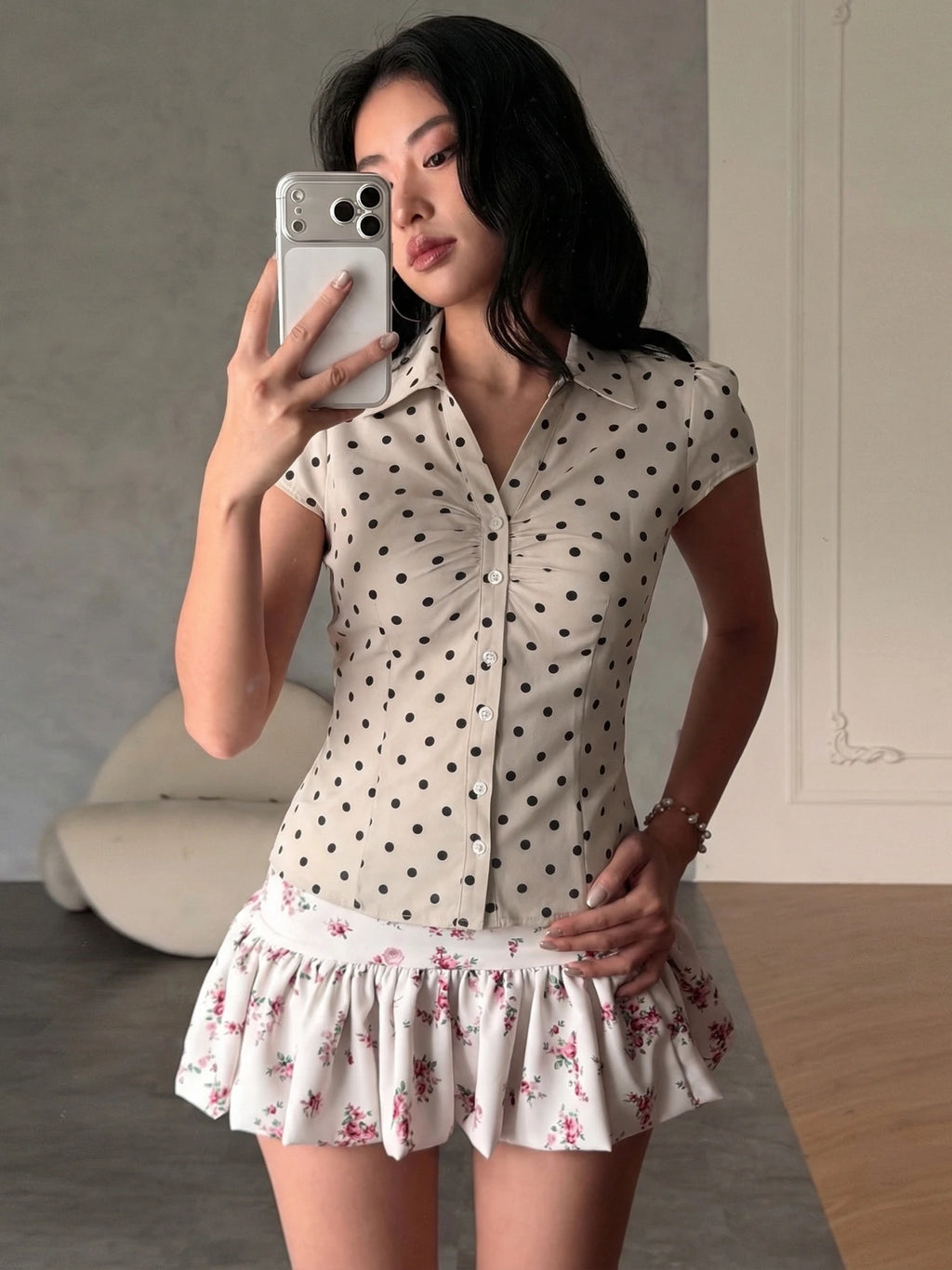 Polka-Dot Lace-Up Button-Front Short-Sleeve T-Shirt