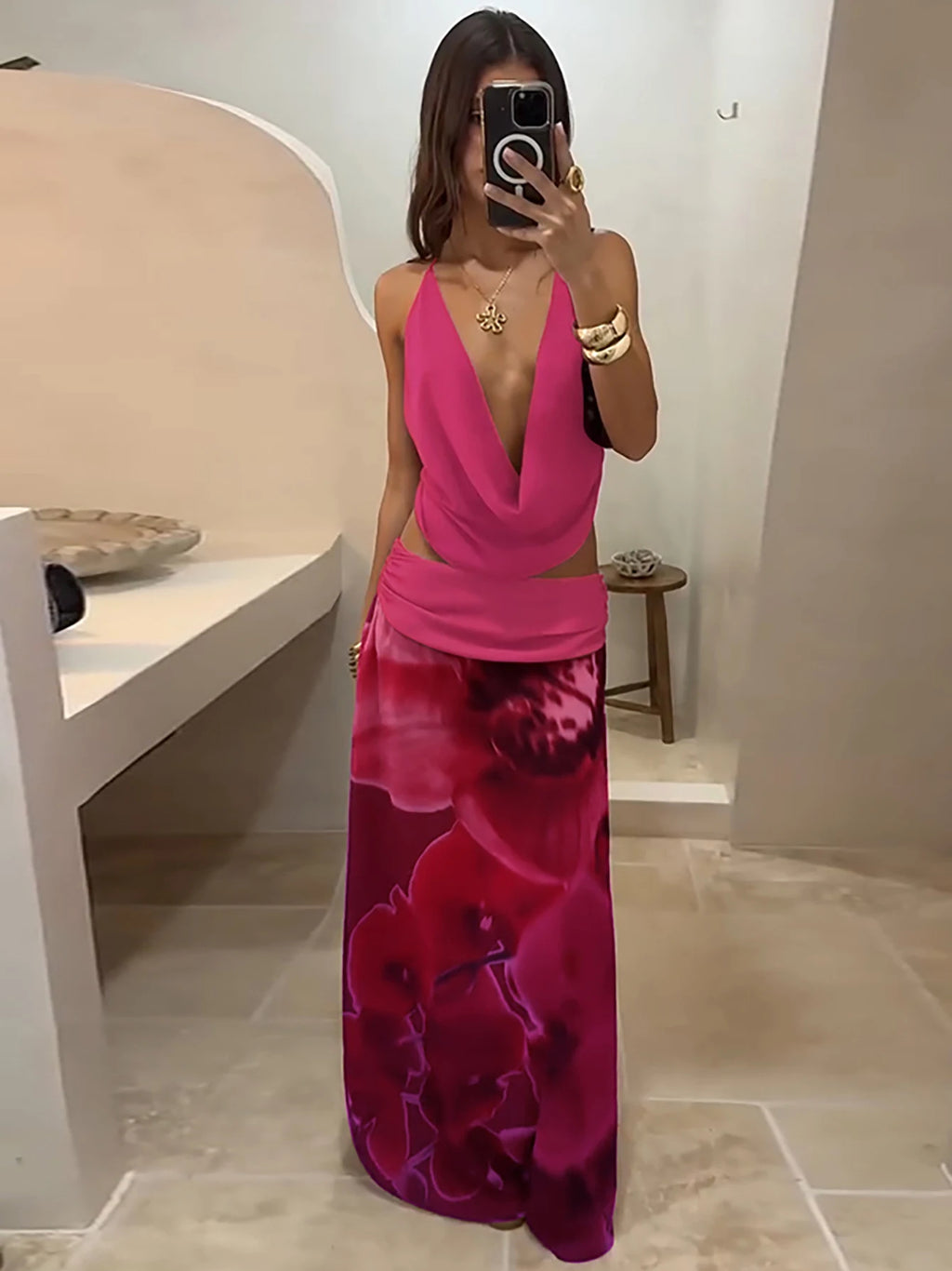 Mesh Ruched Backless Sleeveless Two-Piece Set