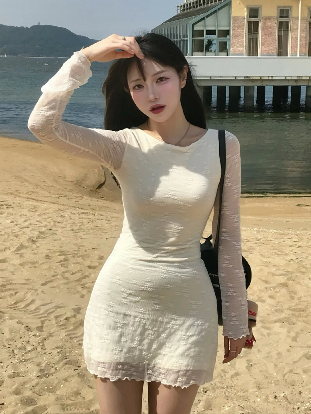 Lace-Up Backless Long-Sleeve Mini Dress