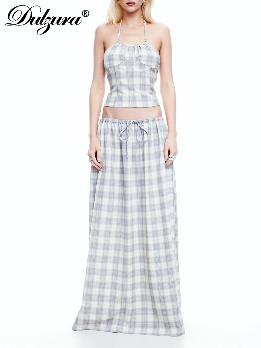 Plaid Lace-Up Backless Halter Two-Piece Set