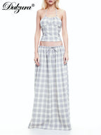 Plaid Lace-Up Backless Halter Two-Piece Set