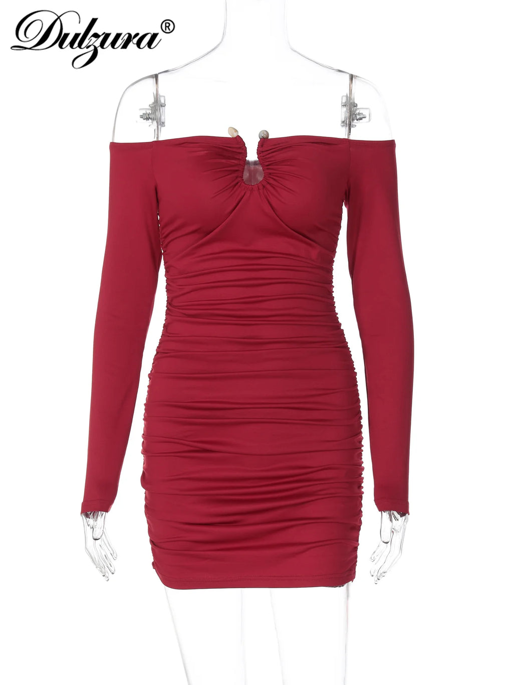 Ruched Backless Off-Shoulder Long-Sleeve Mini Dress