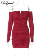 Ruched Backless Off-Shoulder Long-Sleeve Mini Dress