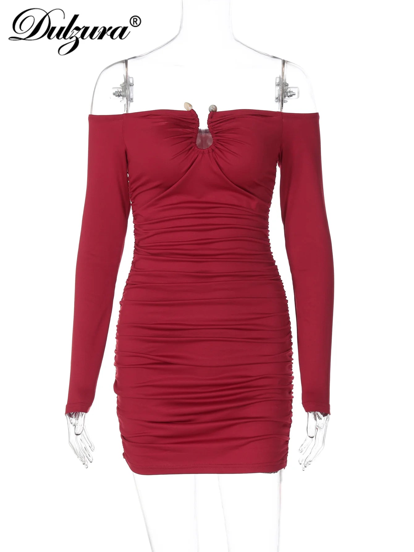 Ruched Backless Off-Shoulder Long-Sleeve Mini Dress