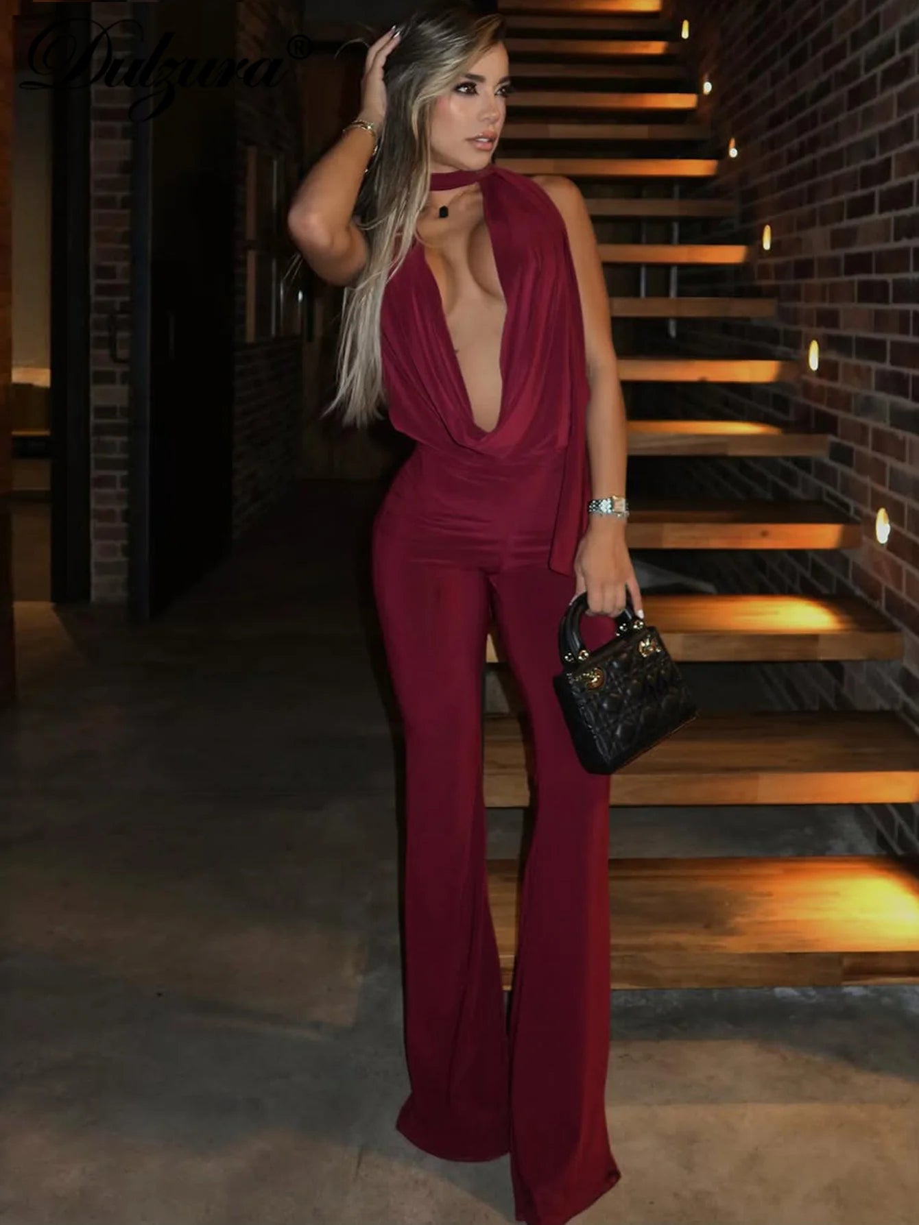 Lace-Up Backless Halter Flared Jumpsuit