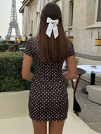 Polka-Dot Lace-Up High-Neck Short-Sleeve Mini Dress