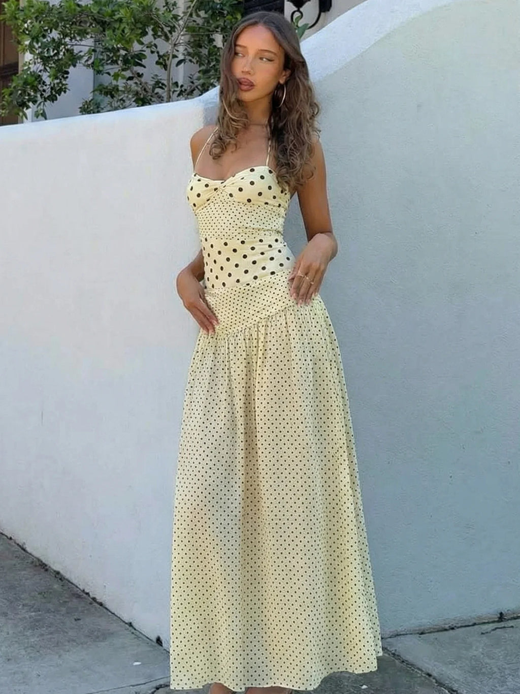 Polka-Dot Lace-Up Backless Sleeveless Maxi Dress
