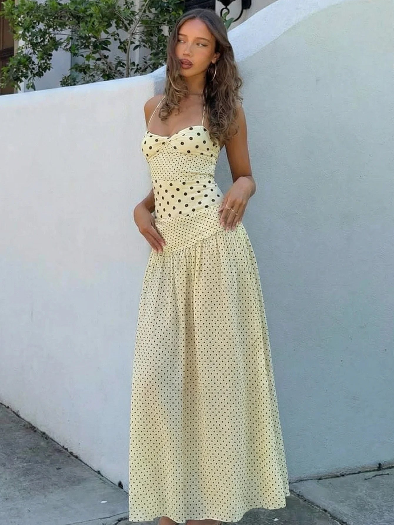 Polka-Dot Lace-Up Backless Sleeveless Maxi Dress