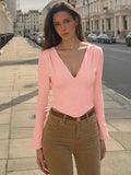 Button-Front V-Neck Long-Sleeve Bodycon T-Shirt
