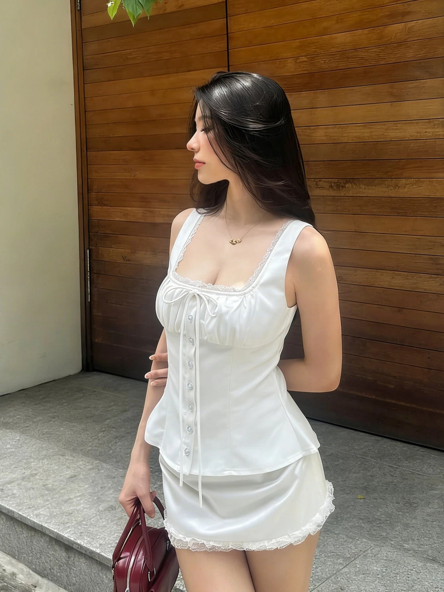 Lace-Up Ruffle Backless Button-Front Tank Top