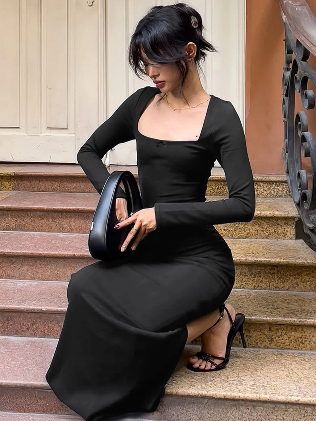 Side-Slit Square-Neck Long-Sleeve Bodycon Maxi Dress