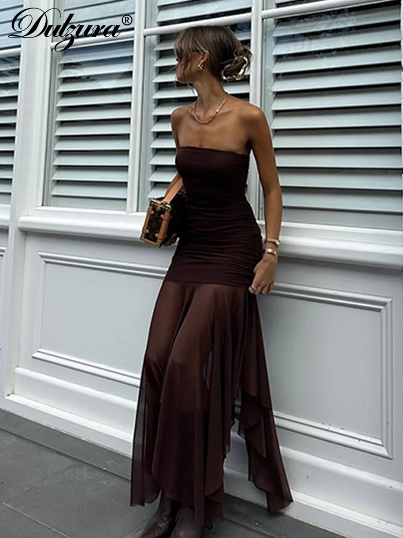 Mesh Sheer Ruched Backless Maxi Dress