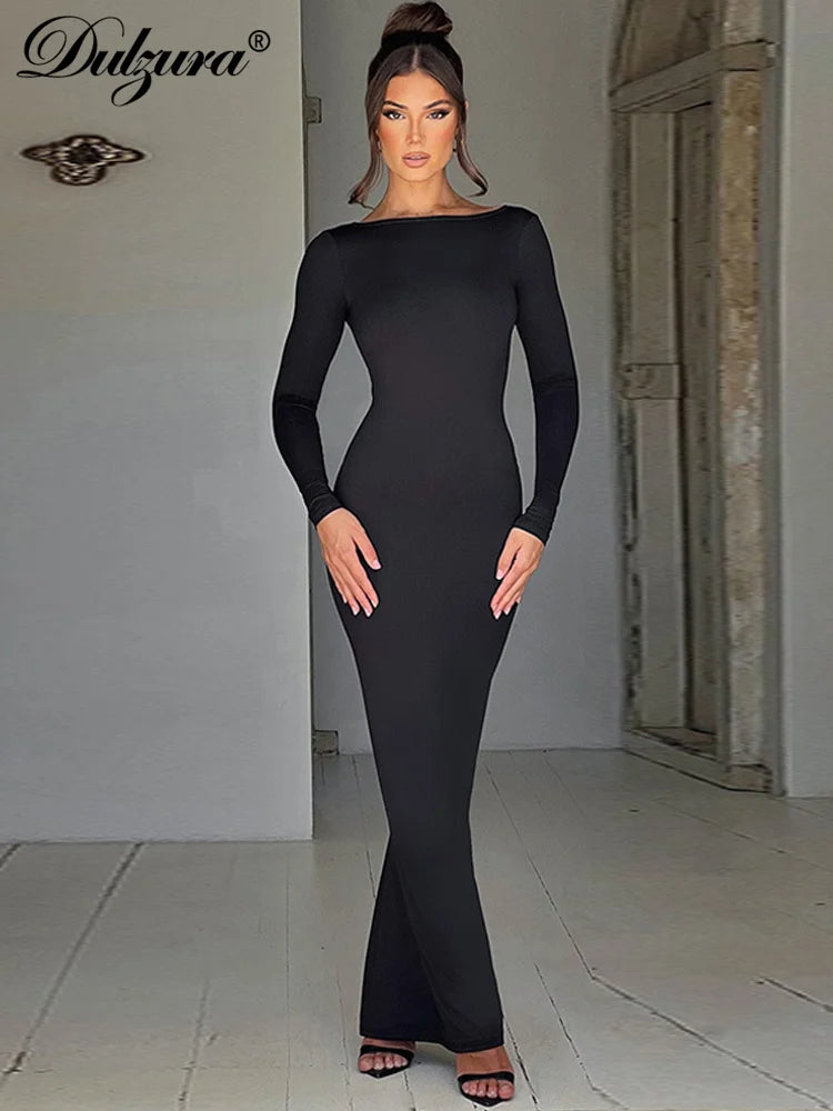 Ruched Backless Long-Sleeve Maxi Dress