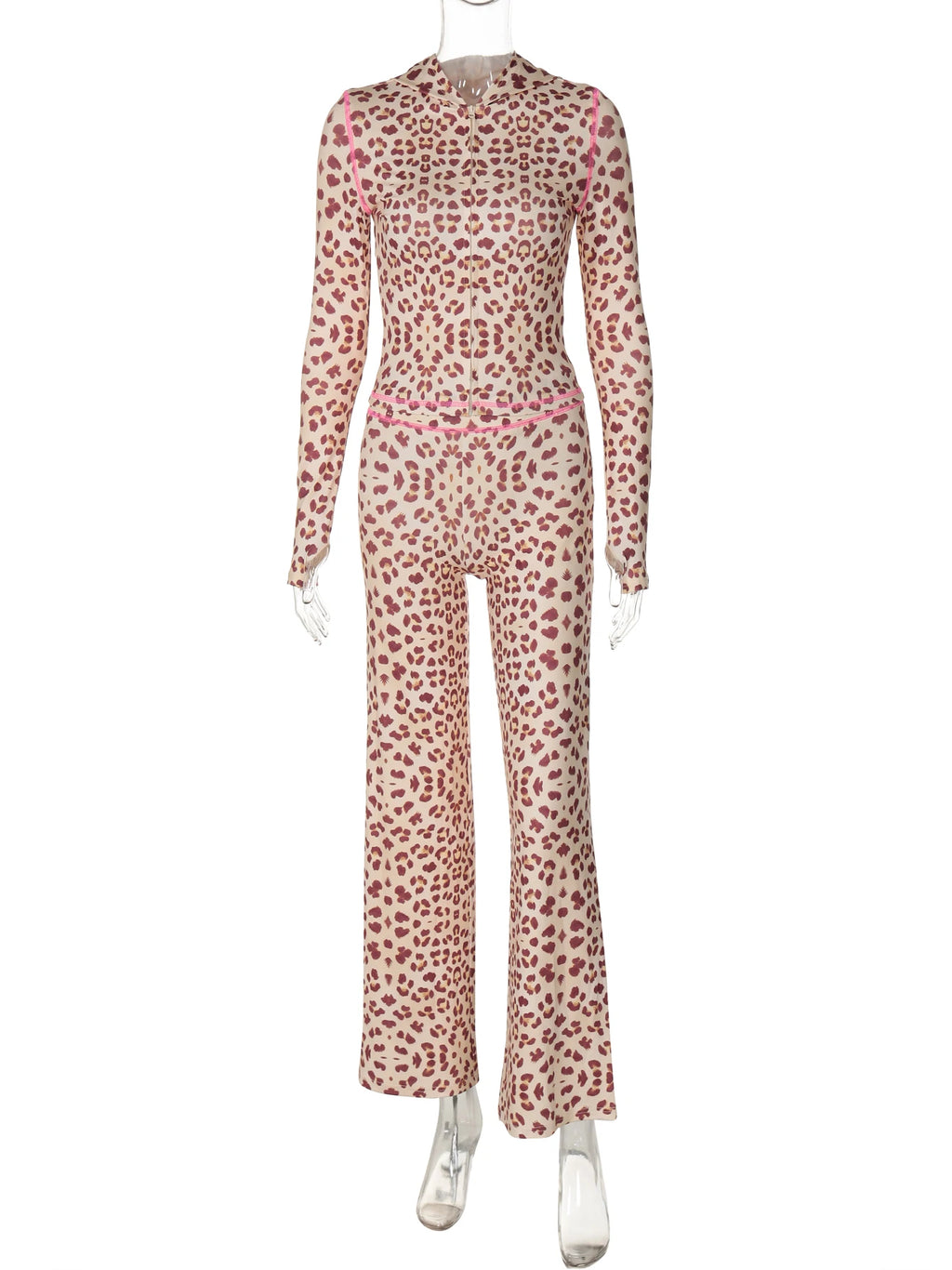 Leopard Long-Sleeve Cropped Two-Piece Pants Set