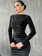 Velvet Ruched Long-Sleeve Maxi Dress