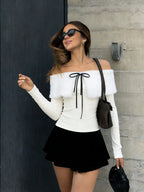 Lace-Up Backless Off-Shoulder Long-Sleeve T-Shirt