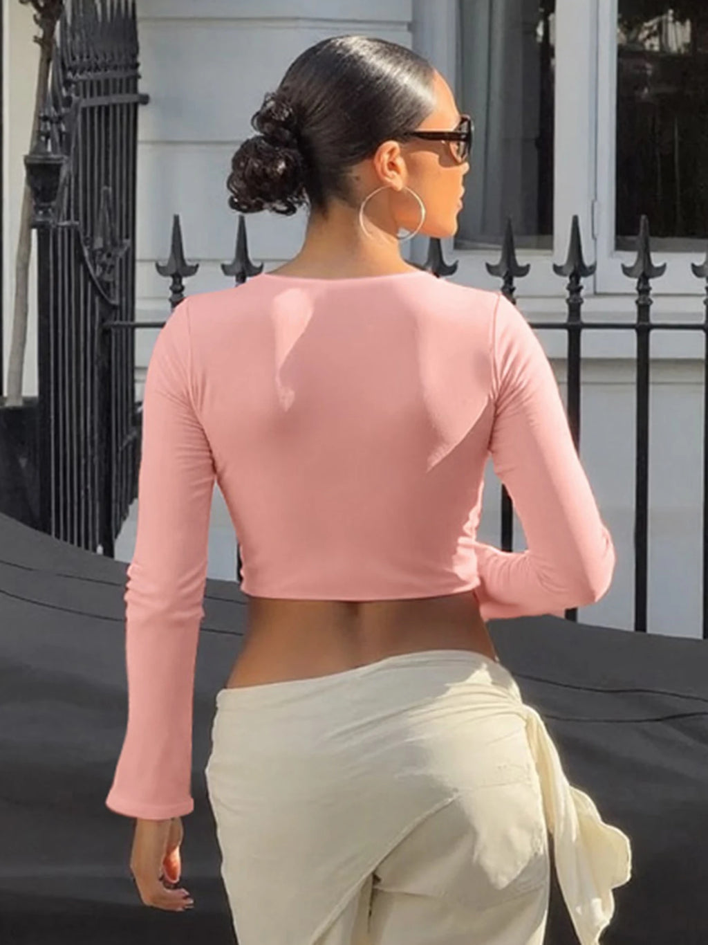 Button-Front V-Neck Long-Sleeve Bodycon T-Shirt